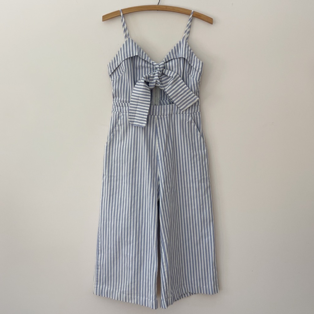 ANTHROPOLOGIE ALL:ROW Blue & White Stripped Cutout Tie Front Cropped Jumpsuit